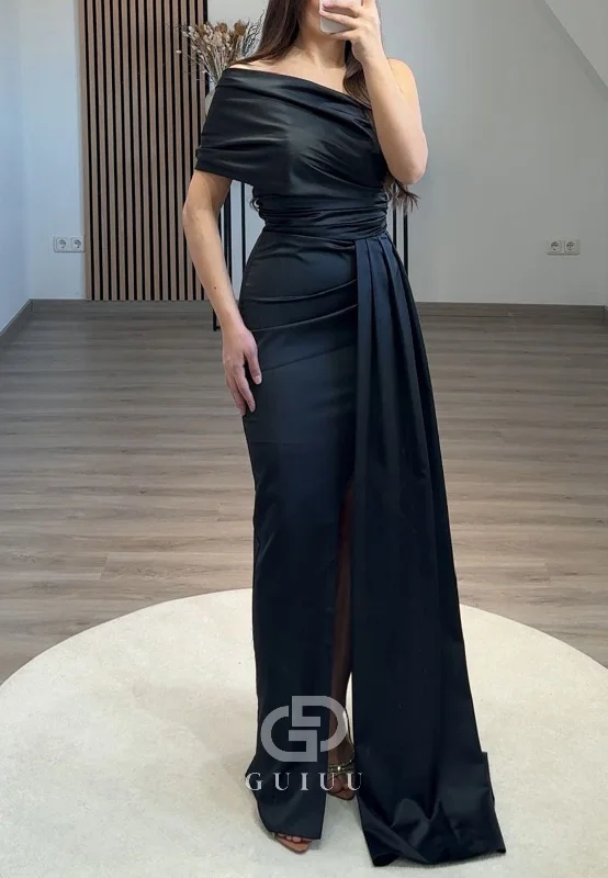 Simple One Shoulder Sleeveless Prom Dress with Pleats Slit Evening Party Dress Tunics Denim casual