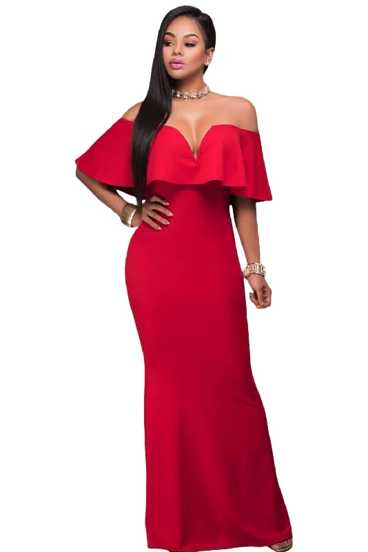 Sexy Red Ruffle Off Shoulder Maxi Party Dress Tunics Canvas sturdy