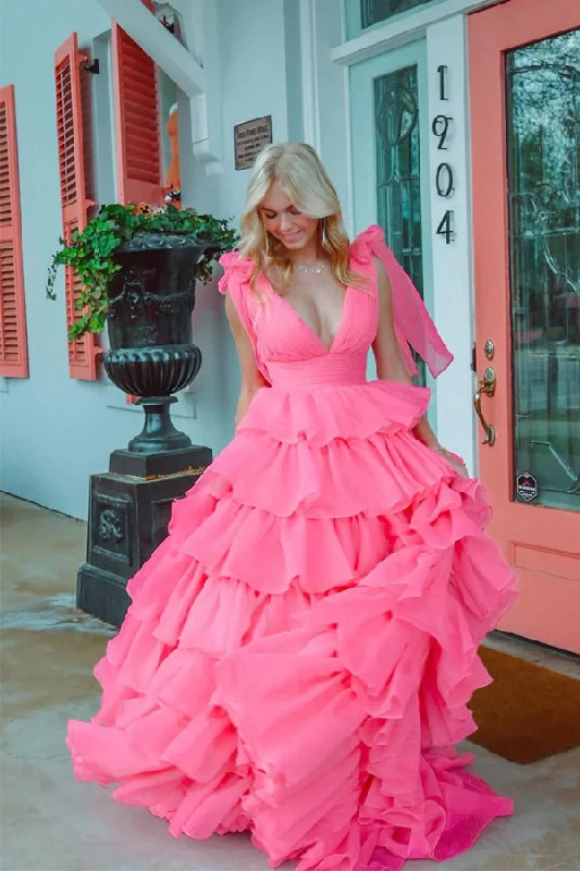 Princess A-Line V-Neck Fuchsia Prom Dress Party Dress With Slit PSK649 Tunics Solid Classic