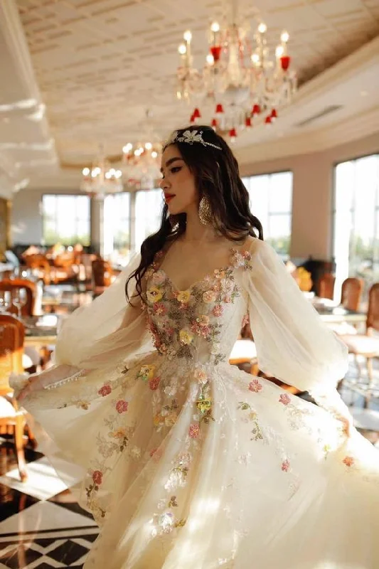 Light Champage Prom Dress With Flowers Pruffy Sleeves Party Dress c2765 Tunics Ceremony elegant