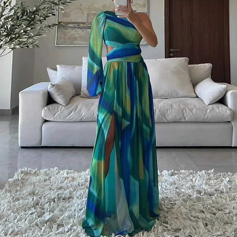 Cinessd Autumn Long Sleeve Diagonal Collar Banquet Dresses Women Elegant Hollow Waist Full Length Maxi Dress Chic High Split Party Dress Tunics Cozy comfortable
