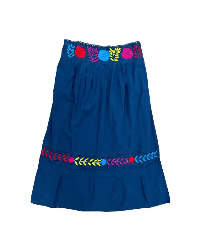 Mexican Handmade Embroidered Skirt Navy flowy skirt hem