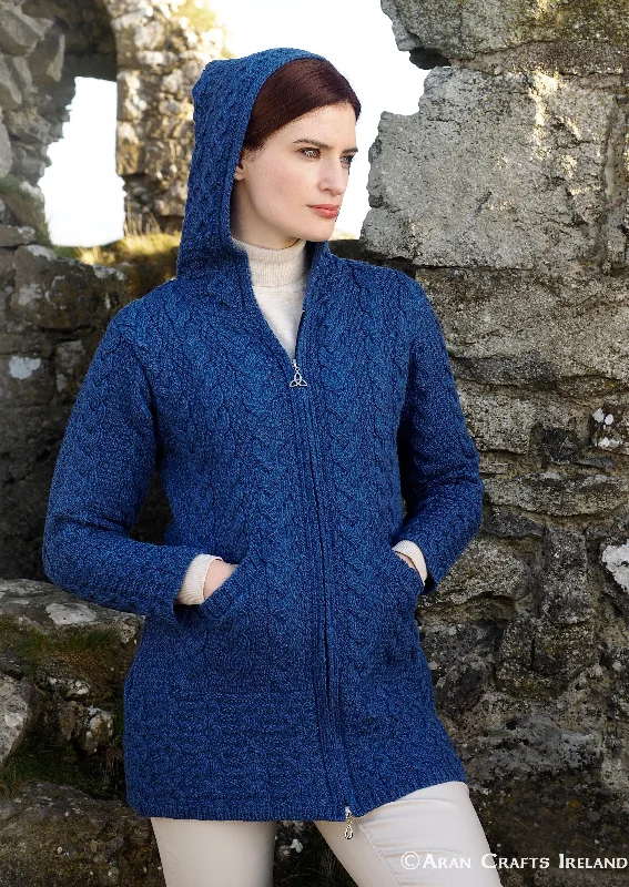 Aran Galway Cardigan With Celtic Knot Zipper | Blue Real Fur Shearling Chenille