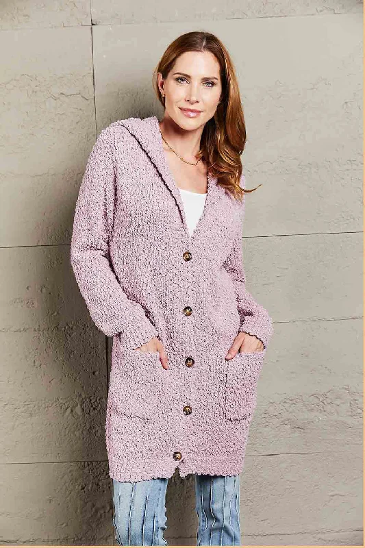 Double Take Popcorn-Knit Long Sleeve Hooded Cardigan Hooded Cardigan Collared Cardigan Shawl Collar