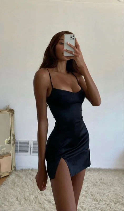 Sexy Bodycon Straps Black Slit Satin Short Party Dresses, Mini Dresses,DS4561 Tunics Business professional