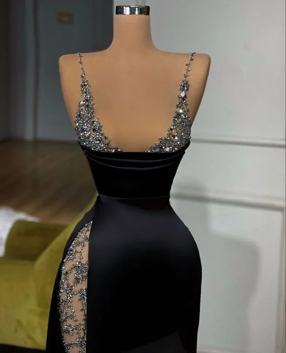 Black Sexy Beaded Straps Long Prom Dress Evening Party Dress with Slit,DP841 Tunics Review highly