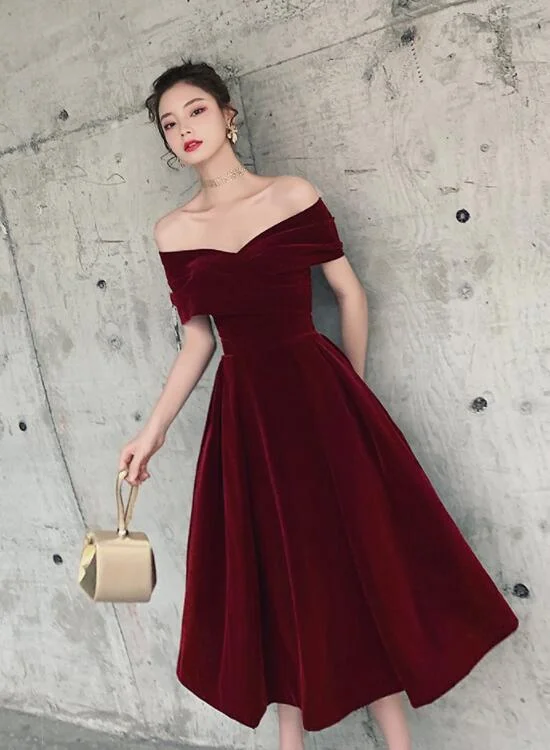 Wine Red Off Shoulder Chic Sweetheart Tea Length Party Dress,Velvet Evening Dress Tunics Business professional