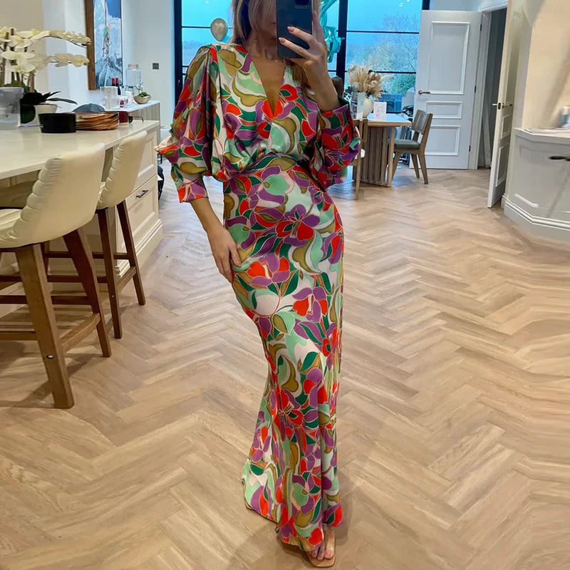 Cinessd Casual Draped Maxi Dresses Temperament 2024 V-neck Floral Printed Office Dress Early Autumn Long Sleeved High Waist Party Dress Tunics Versatile functional