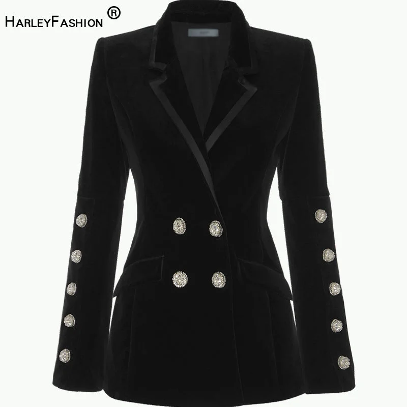 HarleyTrending Fall Winter Notched Exquisite Diamonds Buttons  Black Chic Velvet Blazer Casual Jackets Quilted Jacket Puffer Jacket Insulated Jacket