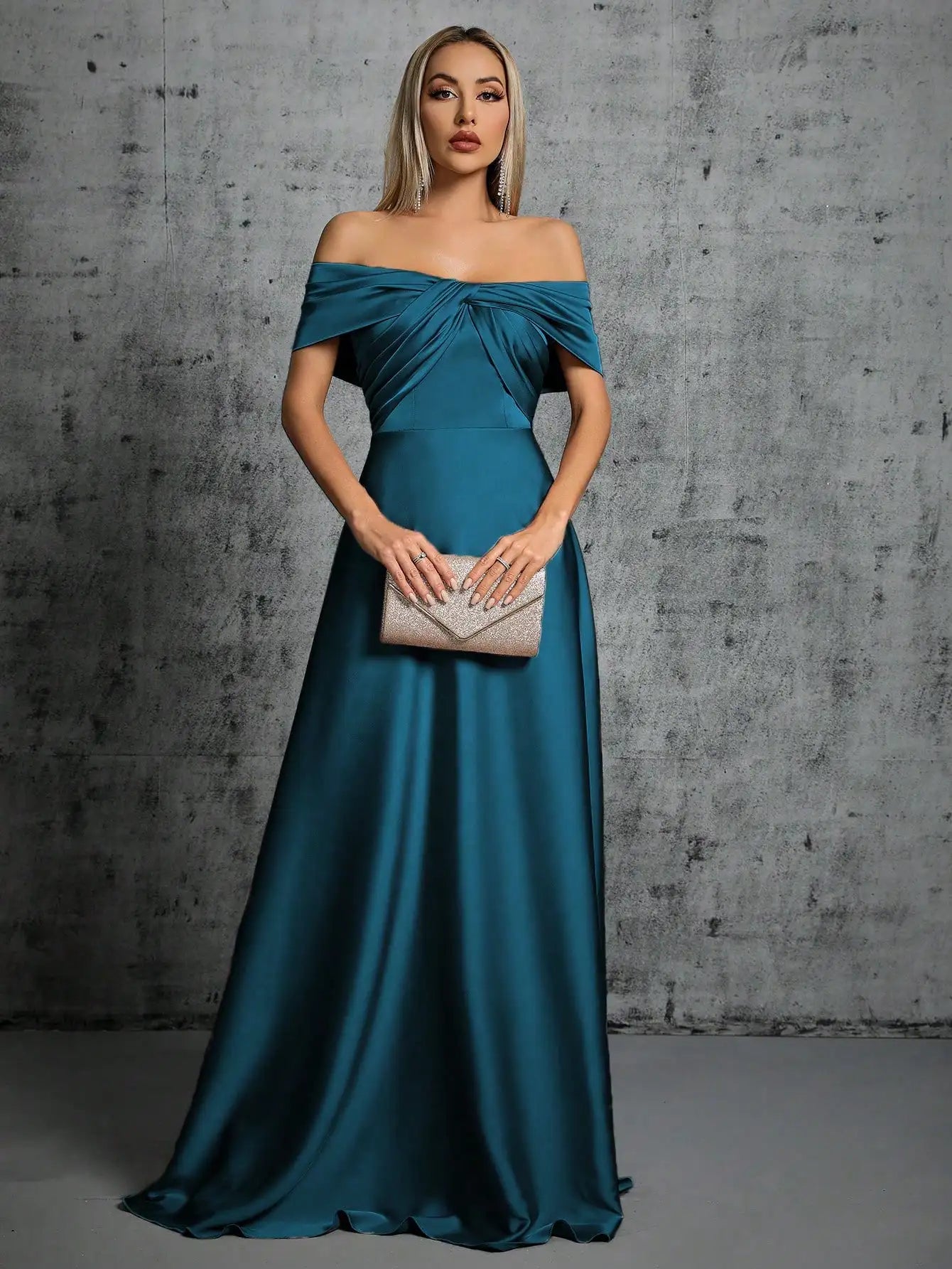 Off The Shoulder Strapless Satin Long Party Dress Boatneck Modish Everyday