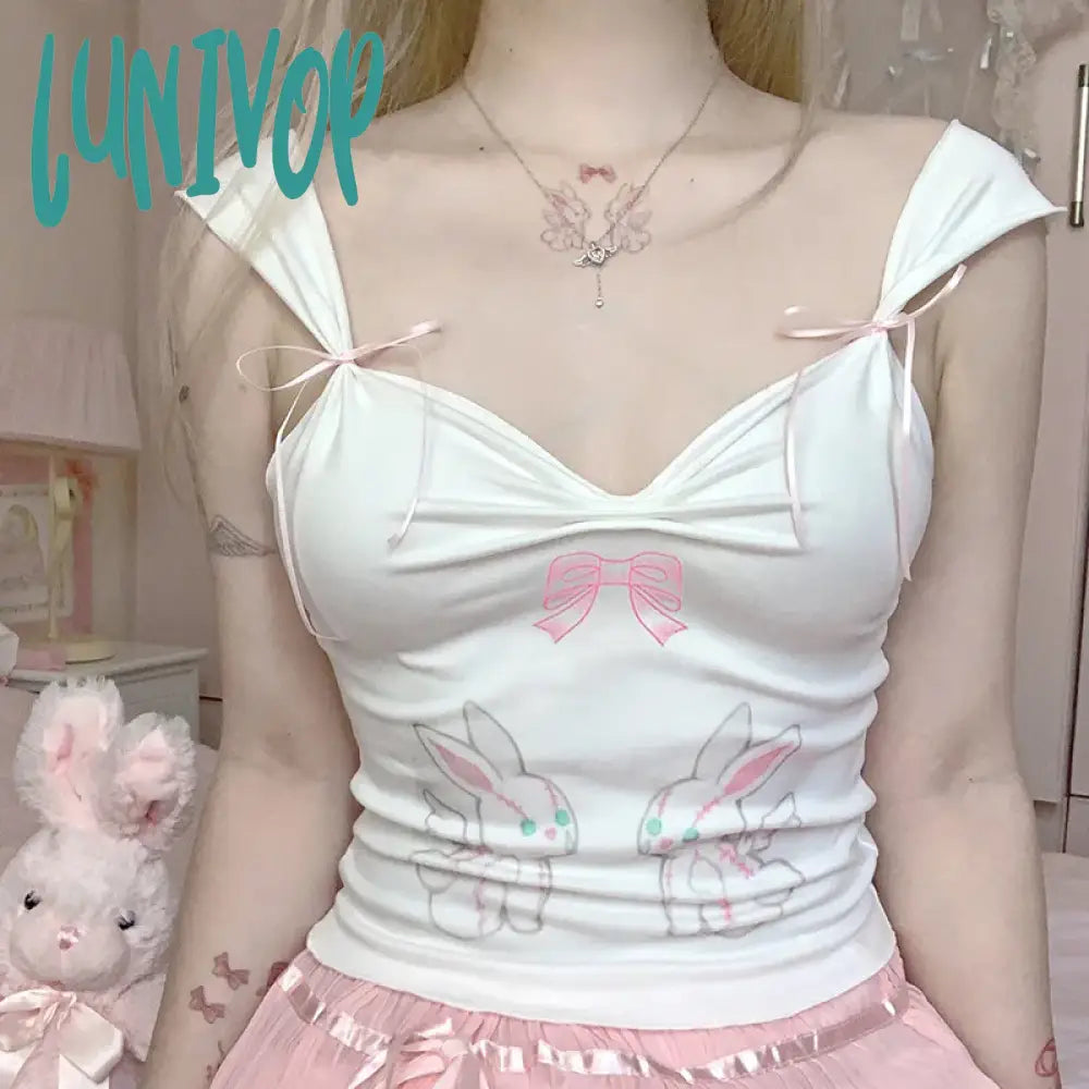 Lunivop Korean Cutecore Rabbit Bow Printed Summer Tank Top Short Bow Folds Vest Slim Sleeveless Crop Tops Tees Japanese Y2K grey tank top