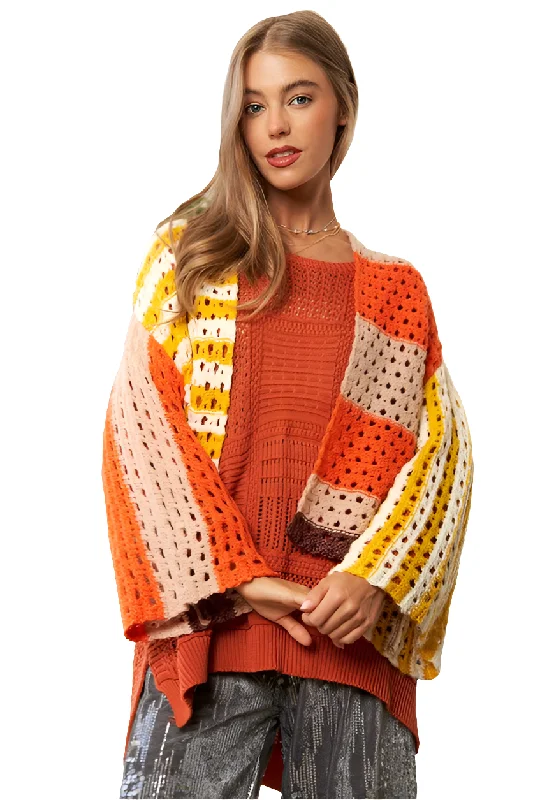 DAVI & DANI Retro Crochet Granny Knit Patch Contrasting Stripe Open Sweater Cardigan Bright Pastel Dark