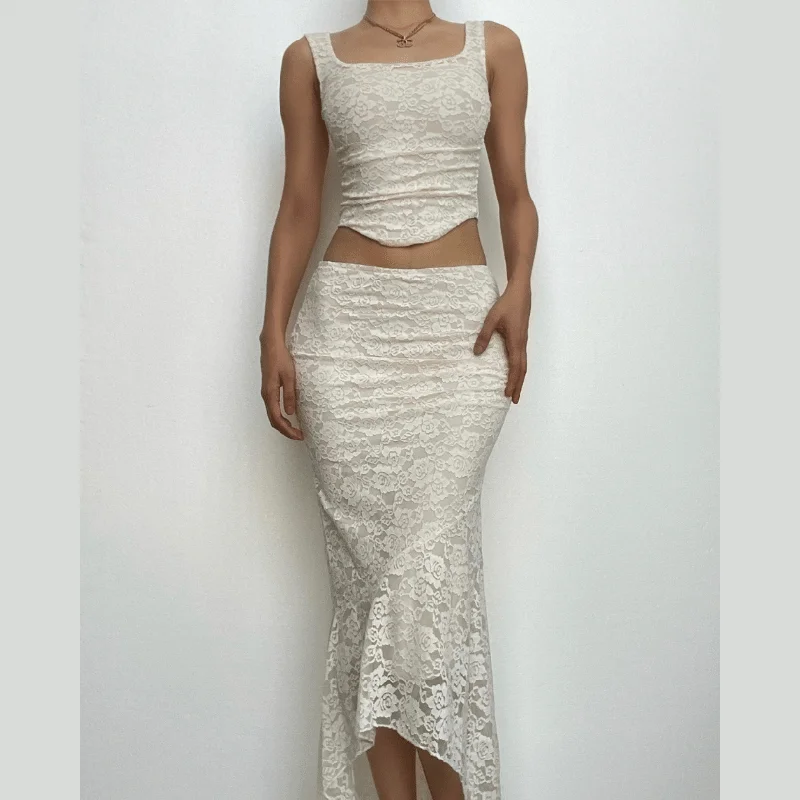BerryBetty - Sleeveless u neck backless lace up solid ruched midi skirt set cashmere skirt fine