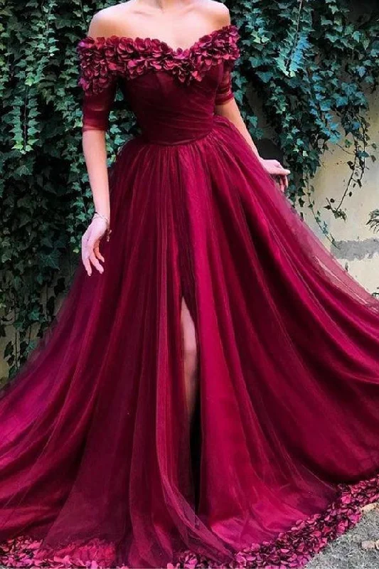Off the Shoulder Maroon Long Prom Dress Party Dress PG772 Turtleneck Warm Winter