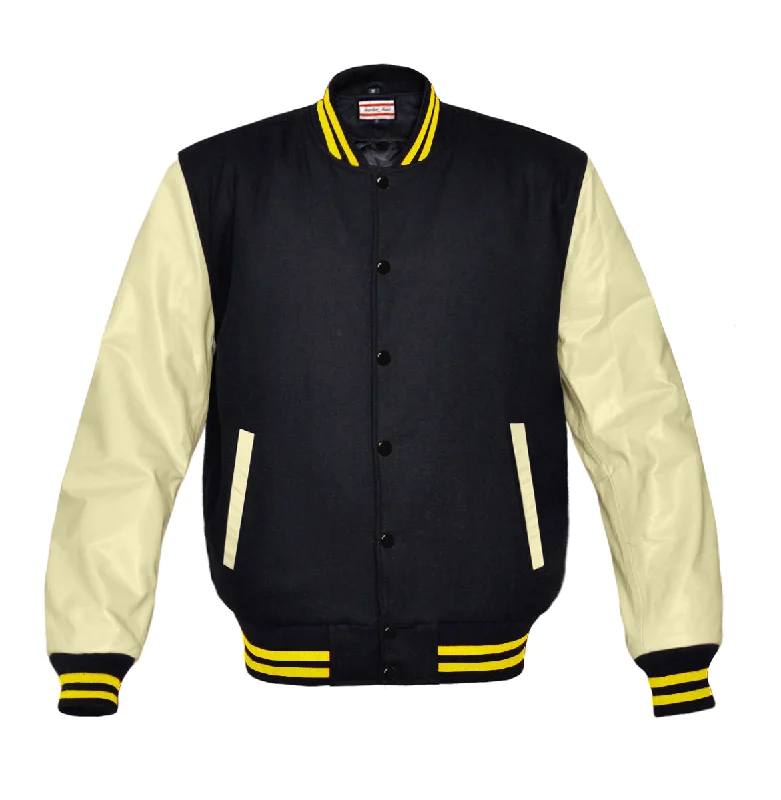 Superb Genuine Cream Leather Sleeve Letterman College Varsity Women Wool Jackets #CRSL-YSTR-BB Zippered Front Buttoned Front Snap Front
