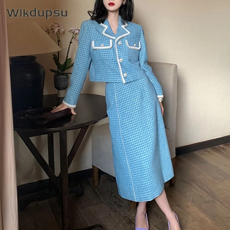 2022 Autumn Winter Tweed Set 2 Piece Skirts Suits Women Vintage Elegant Blazer Jacket Top Long Skirt Wool Casual Clothes Female Hooded Jacket Caped Jacket Shawl Collar Jacket