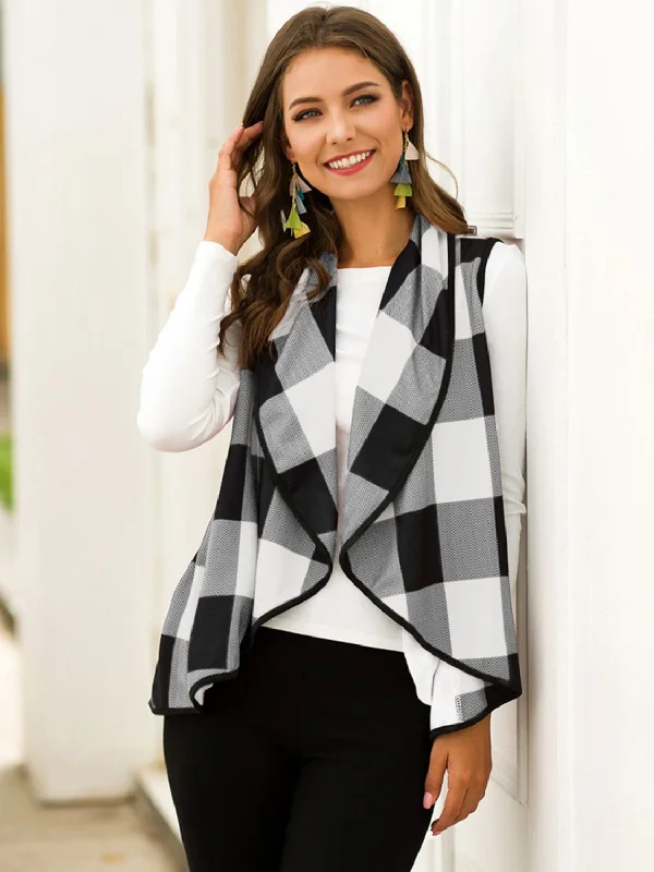 Plaid Open Front Sleeveless Cardigan Real Fur Shearling Chenille