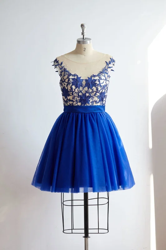 V Back Royal Blue Lace Tulle Short Knee Length Prom Party Dress Tunics Fleece cozy