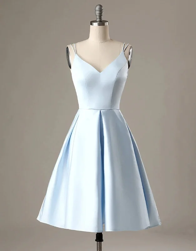 A-Line Blue Satin Double Straps V Back Homecoming Wedding Party Dress Tunics Ceremony elegant