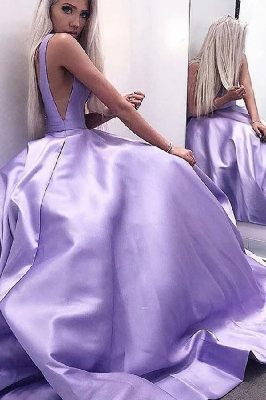 A-Line V-Neck Backless Sweep Train Lilac Satin Prom Gown Party Dress PSK114 Tunics Yoga stretchy