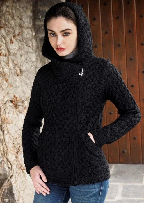 Aran Crafts Side Zip Hooded Cardigan | Black Plaid Cardigan Polka Dot Checkered