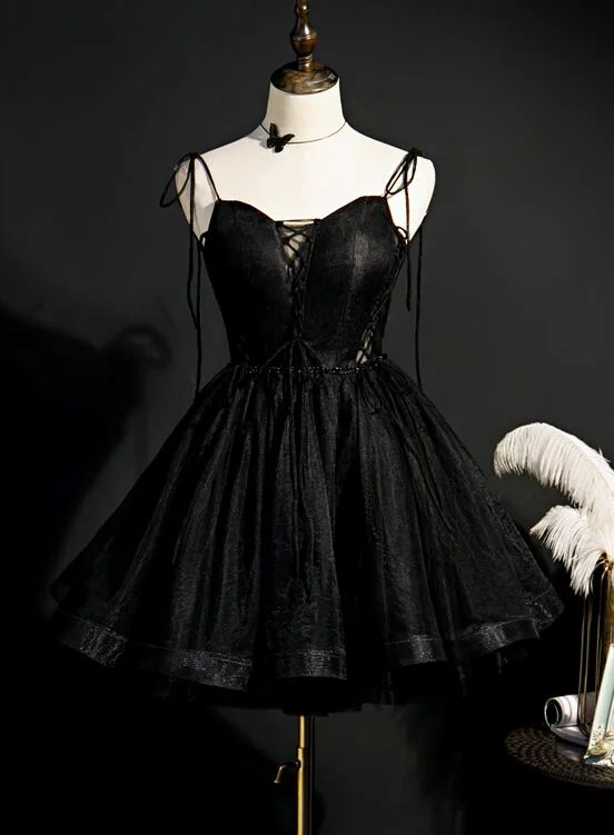 Black Straps Tulle Short Homecoming Dress Prom Dress, Little Black Party Dresses Tunics Spring floral