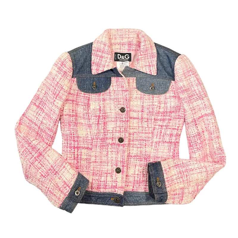 DOLCE & GABBANA Pink Tweed & Denim Fitted Jacket | Size: 38 | Wool Fabric Cashmere Fabric Tweed Fabric DOLCE & GABBANA Pink Tweed & Denim Fitted Jacket | Size: 38 | Wool Fabric Cashmere Fabric Tweed Fabric