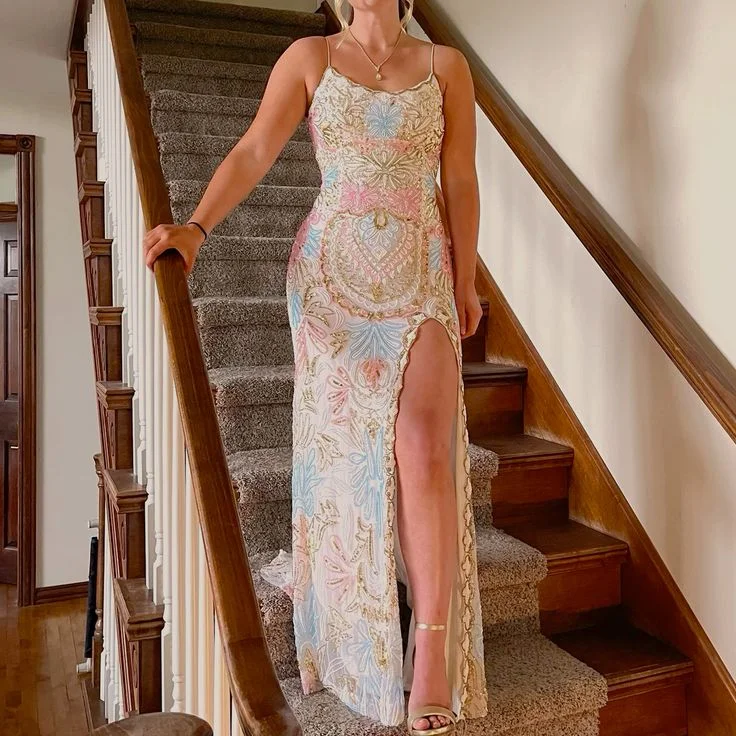 Sparkly Mermaid Straps Backless Slit Prom Dress Sequin Party Dresses P1607 Off-the-shoulder Bohemian Festive