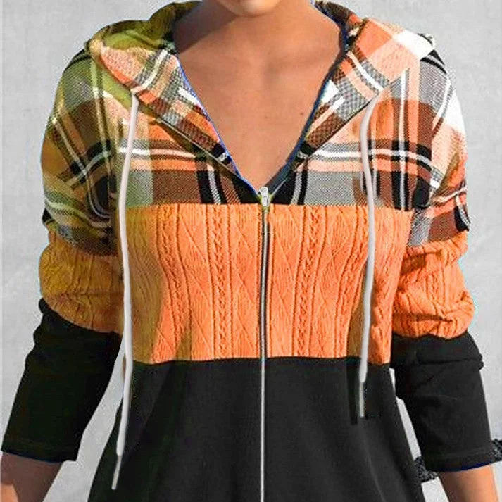 Women's Zipper Cardigan Hooded Plaid Printed Sweater Anti-Pilling Anti-Shrink Durable