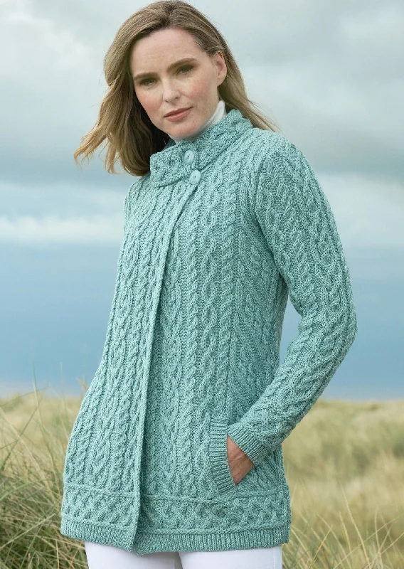 Meath Side Button Aran Cardigan | Mermaid Asymmetrical,ymmetric Pencil Cardigan