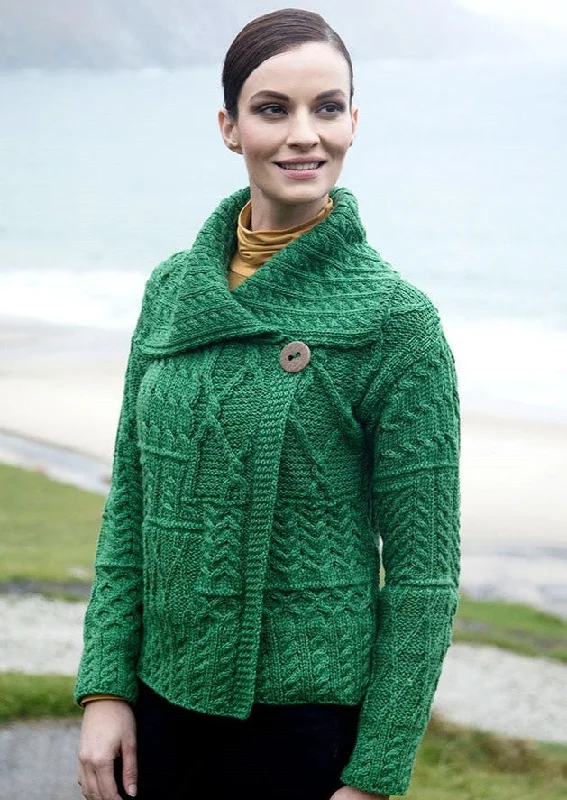 Patchwork Ladies Aran Cardigan | Green Open Front Closed Front Wrap Front