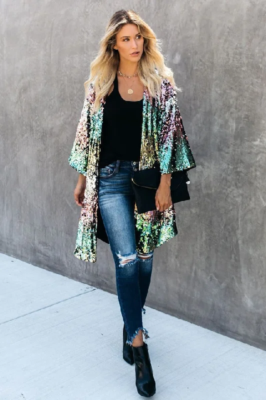 Colorful Mid-Length Sequin Cardigan Tailored Straight A-Line