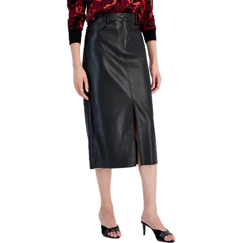 T Tahari Womens Slit Faux Leather A-Line Skirt flowy skirt hem