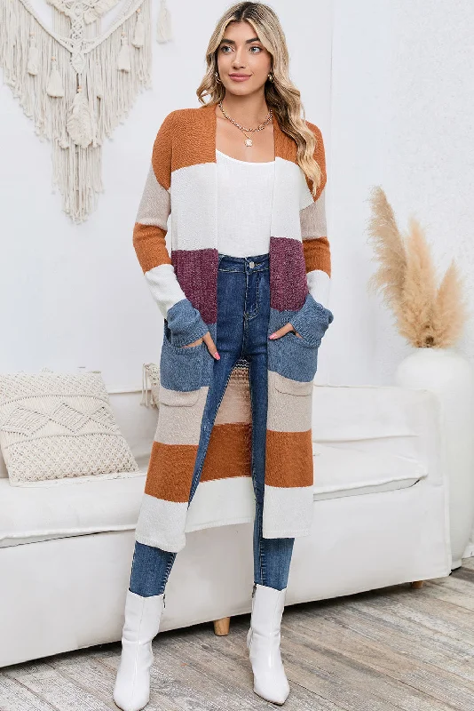 Long Color Block Open Front Pocketed Cardigan Wool Fabric Cashmere Fabric Tweed Fabric