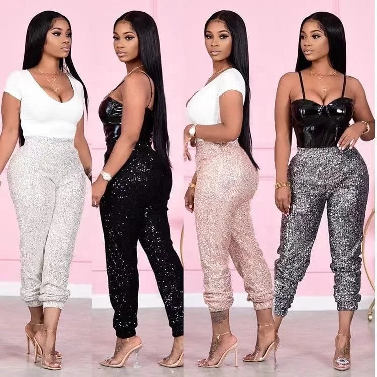 OUDINA New Casual Sequins Pencil Ladies Cargo Pant Leggings Women Sequined Pants Stylish Elastic Waist Pants