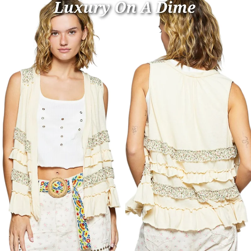 POL Ruffle Patchwork Retro Floral Boho Vest Hippie Raw Seam Sleeveless Cardigan Cream Cashmere Blend Cotton Blend Poly Blend