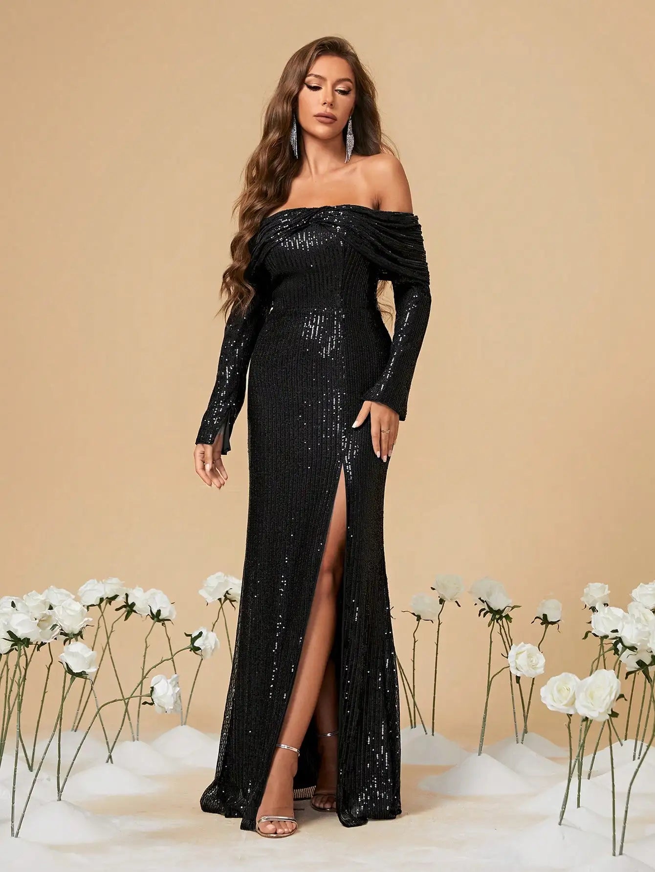 Black Strapless Sequin Long Sleeve Party Dress High-Low Hemline Casual