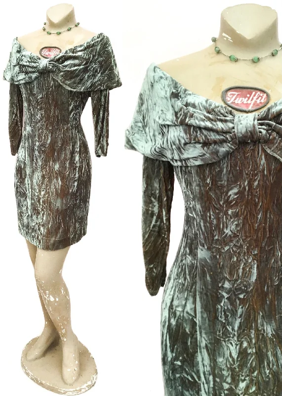 1990s Two Tone Crushed Greeny Grey Velvet Cocktail Party Dress Tunics Vintage classic