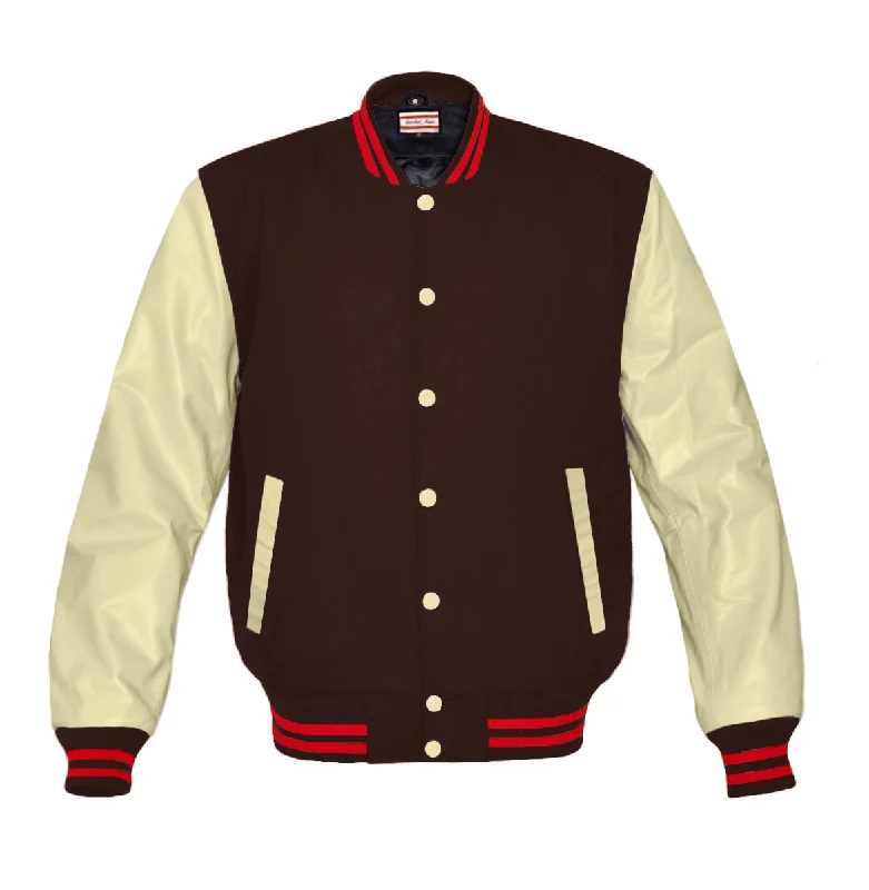 Superb Genuine Cream Leather Sleeve Letterman College Varsity Women Wool Jackets #CRSL-RSTR-CB Bomber Jacket Anorak Windbreaker