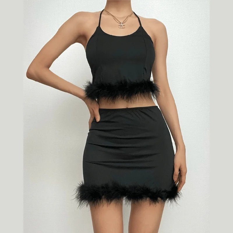BerryBetty - Feather solid backless tube mini skirt set leather skirt modern