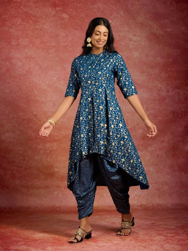 Blue Printed Rayon A-Line Kurta With Dhoti Pants Casual Wide Pants