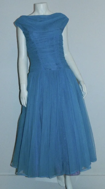 vintage 1950s sky blue formal party dress / 50s full skirted frock Turtleneck Warm Winter