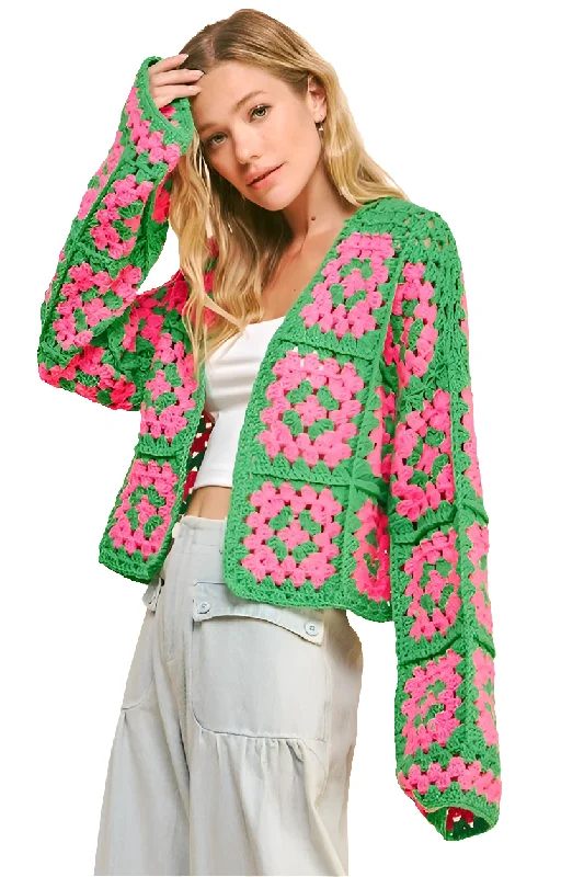 DAVI & DANI Crochet Granny Square Knit Floral Contrasting Open Sweater Cardigan Velvet Chenille Corduroy