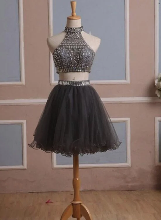 Gorgeous Two Piece Homecoming Dresses, Grey Party Dress, Homecoming Dress Pleated Skirt Elegant