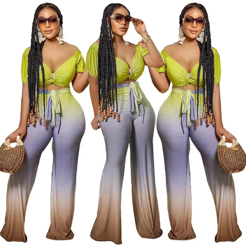 J&H 2023 new arrivals sexy v neck crop top and lace up loose pants fall women clothes fashion tie dye color casual outfits Stylish Harem Pants