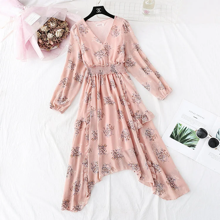 Irregular ruffled floral bottomed skirt  3994 spandex blend skirt