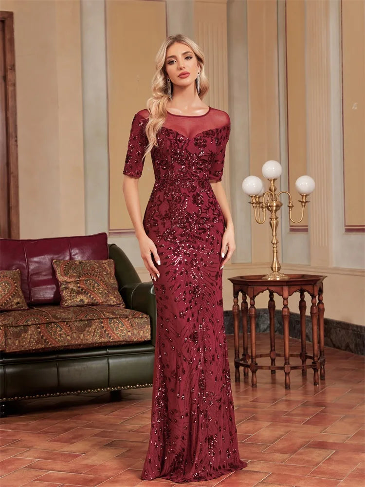 Party Dress Short Sleeve Sequin Tulle Mermaid Evening Gown Square Neckline Feminine