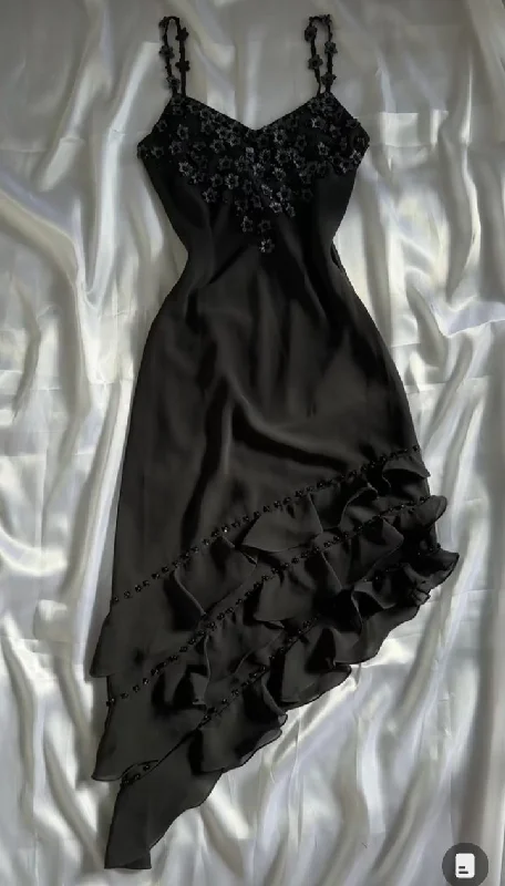 Black Vintage Spaghetti Straps Appliques Flower Formal Party Dress, DP2504 sweetheart Neckline Romantic