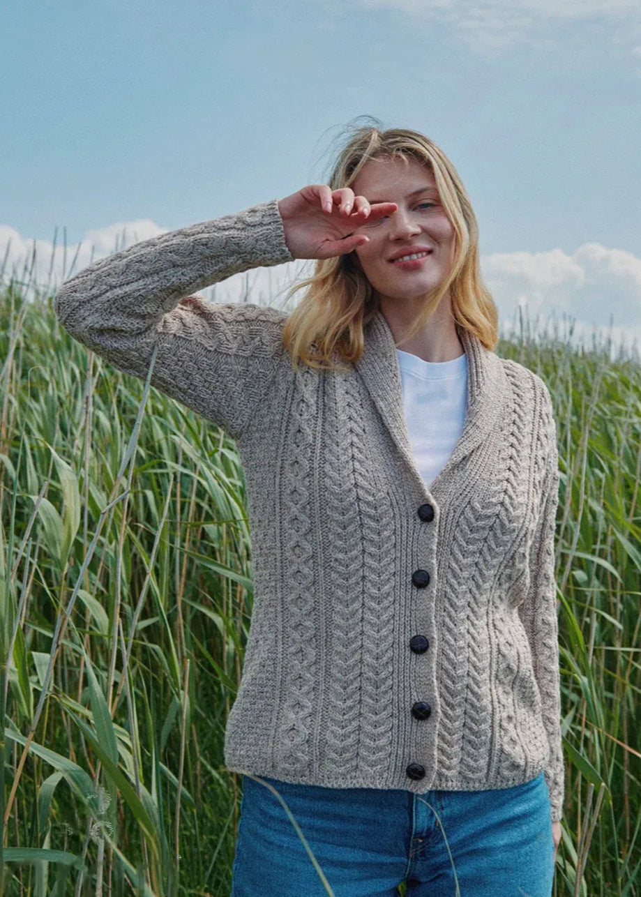 Shawl Collar Aran Cardigan | Oatmeal Cotton Fabric Linen Fabric Terry Fabric