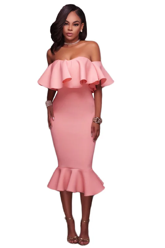 Sexy Pink Ruffle Off Shoulder Mermaid Midi Party Dress Tunics Hiking breathable